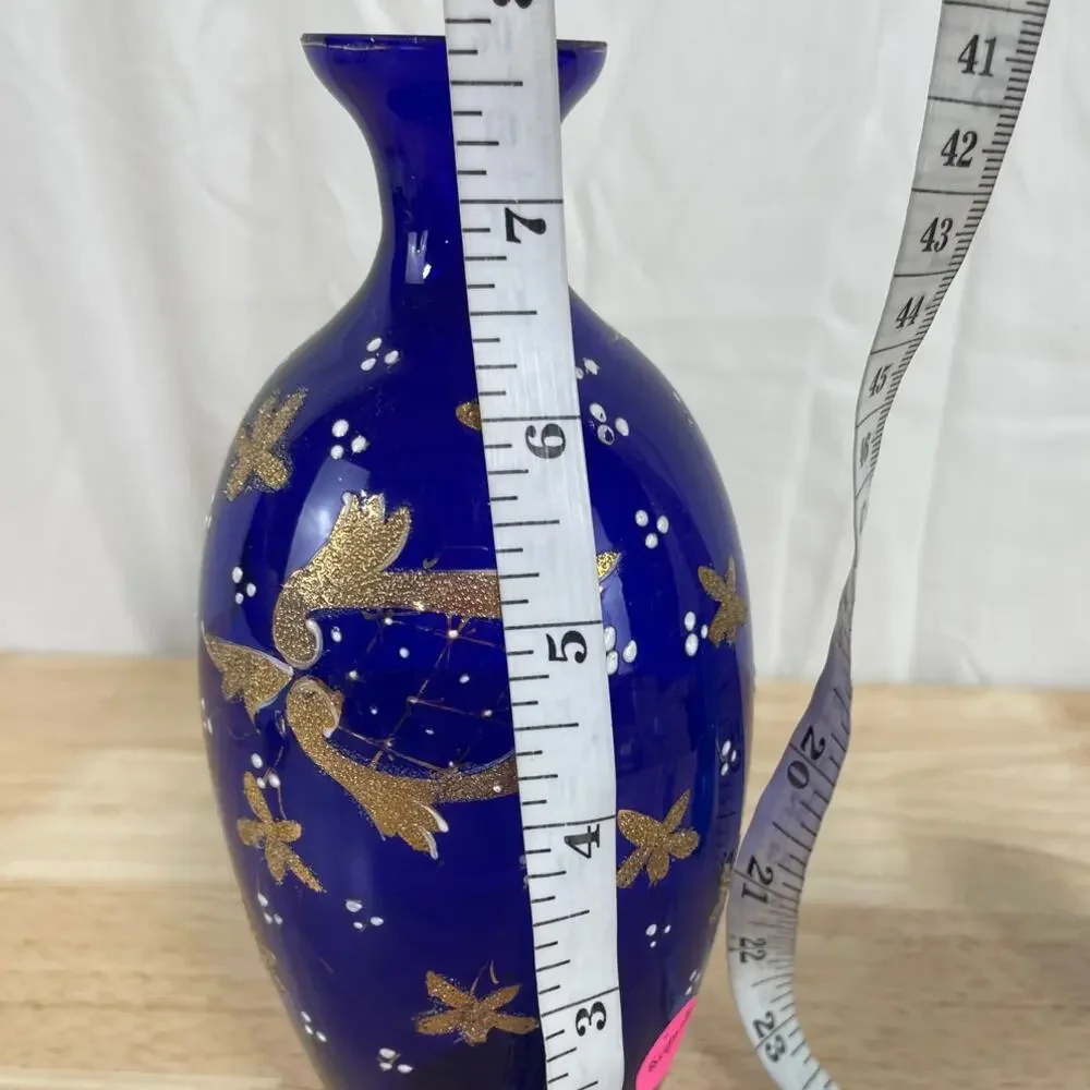 Vintage Signed Moser Art Glass Cobalt Blue Vase Gold Gilt Good Condition